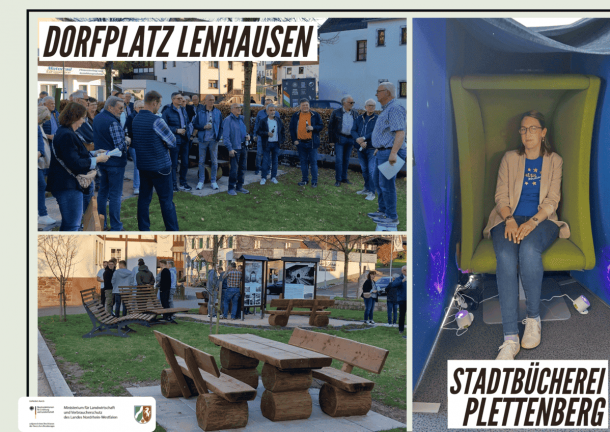 Regionalmanagerin probiert Lesesessel aus, Bänke und Eröffnungsgäste auf einem Dorfplatz